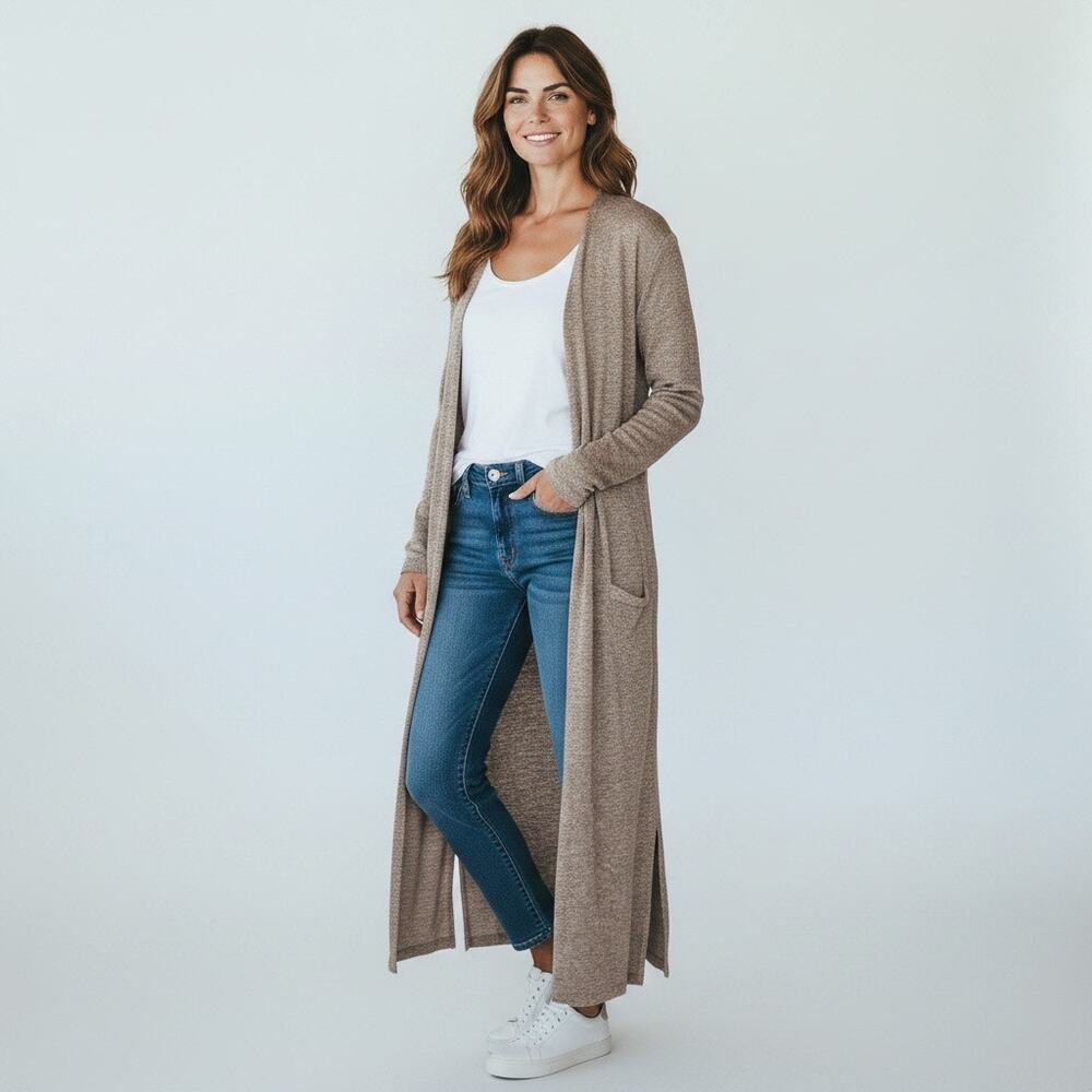 She & Sky Heather Taupe Knit Longline Open-Front Duster Cardigan Sweater - Small